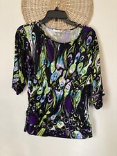 Peter Nygard 3/4 Sleeve Colorful Peacock Scoop Neck Top Blouse Medium Green picture