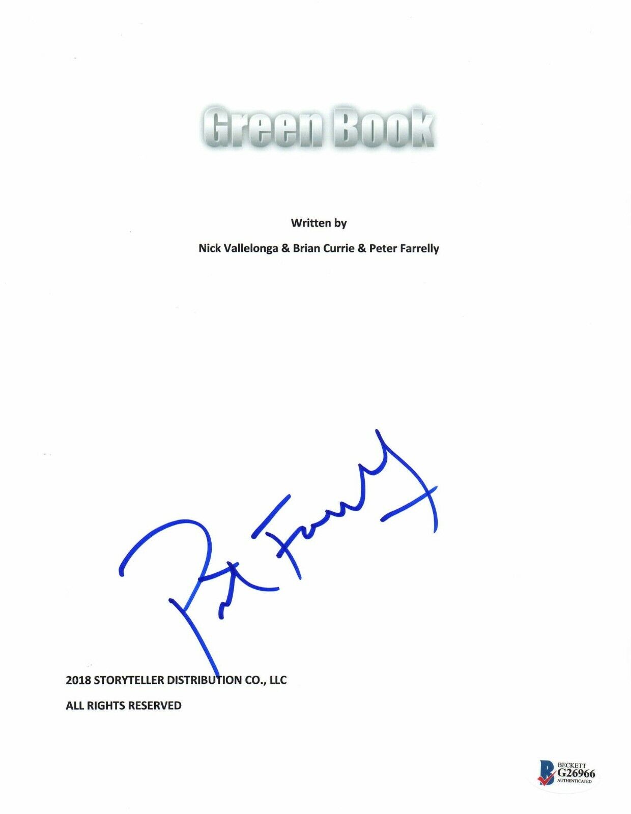 'PETER FARRELLY' AUTOGRAPH 'GREEN BOOK' SIGNED MOVIE SCRIPT BECKETT BAS COA 