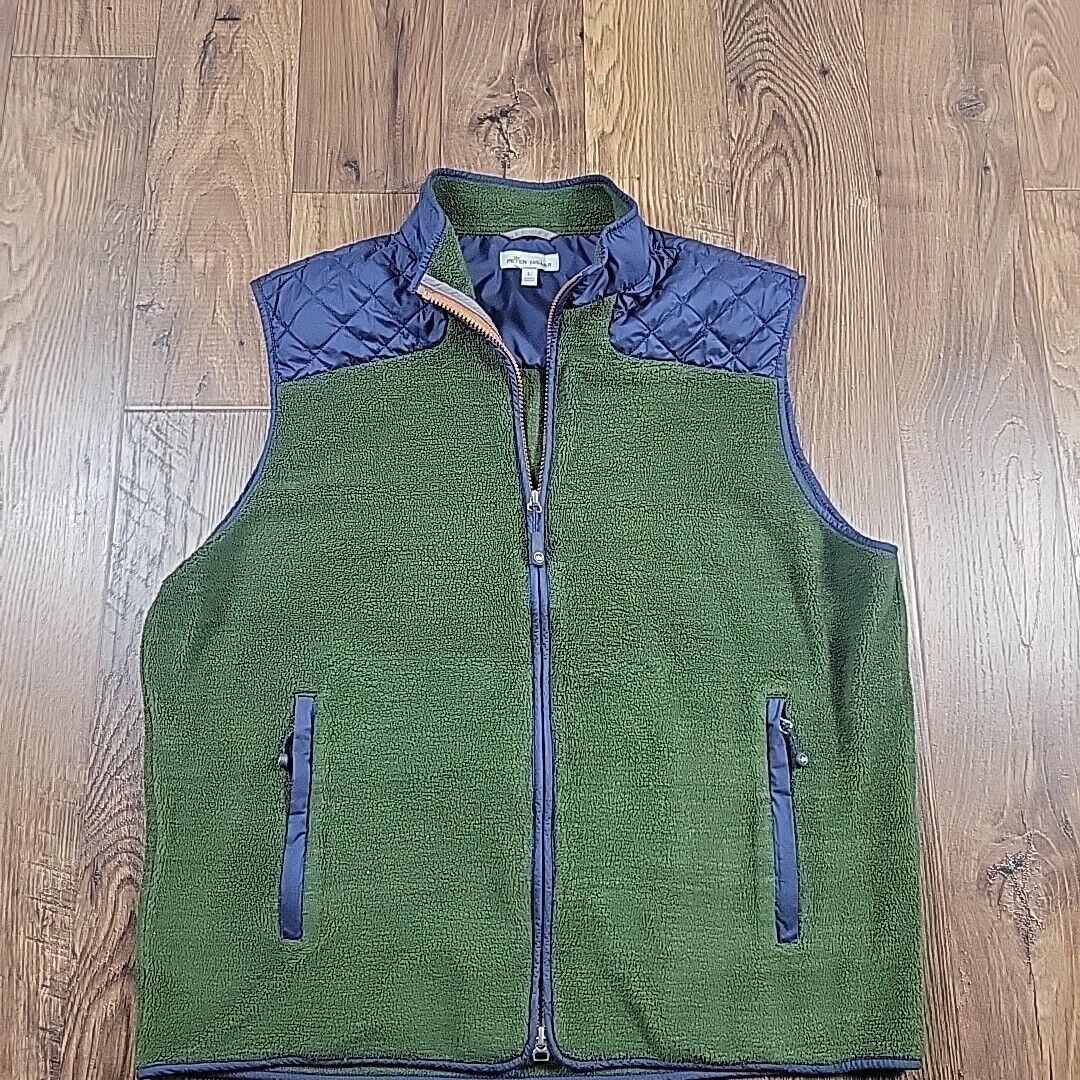 Peter Millar Fleece Quilted Travel Vest Mens Large Green Full Zip Pockets Golf