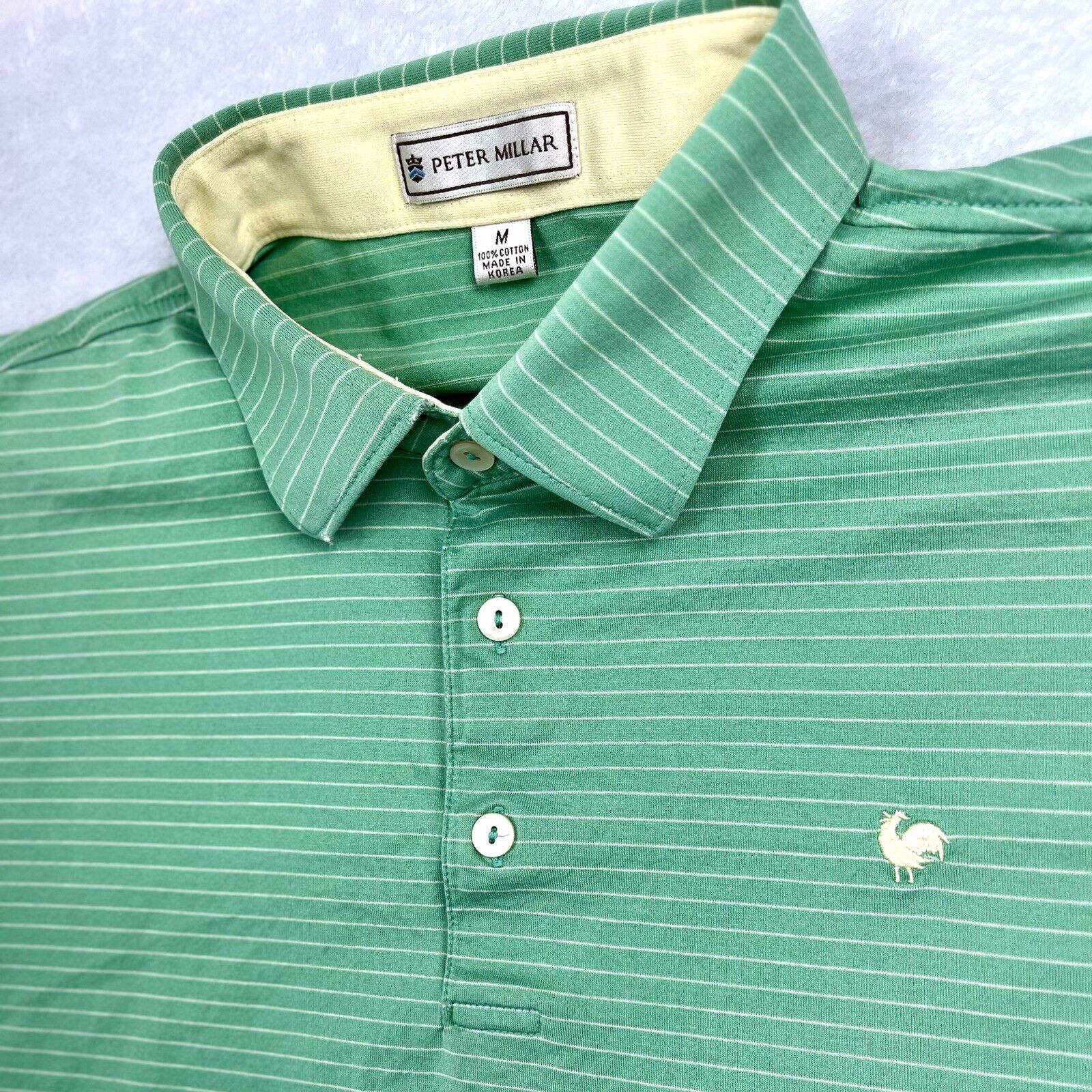 Peter Millar Sz M Golf Polo Shirt Men’s Green Striped Collared Rooster Logo