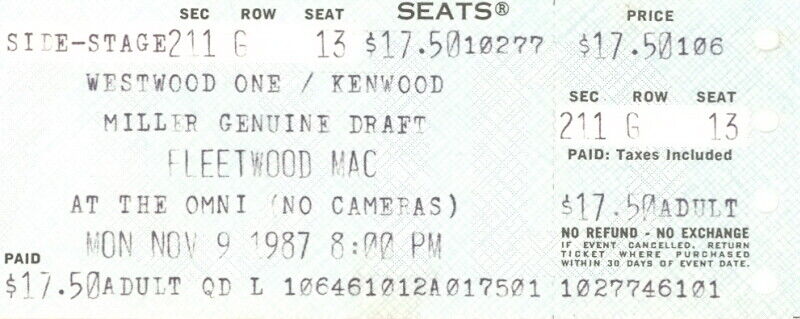 FLEETWOOD MAC 1987 SHAKE THE CAGE TOUR ATLANTA / OMNI TICKET STUB / STEVIE NICKS