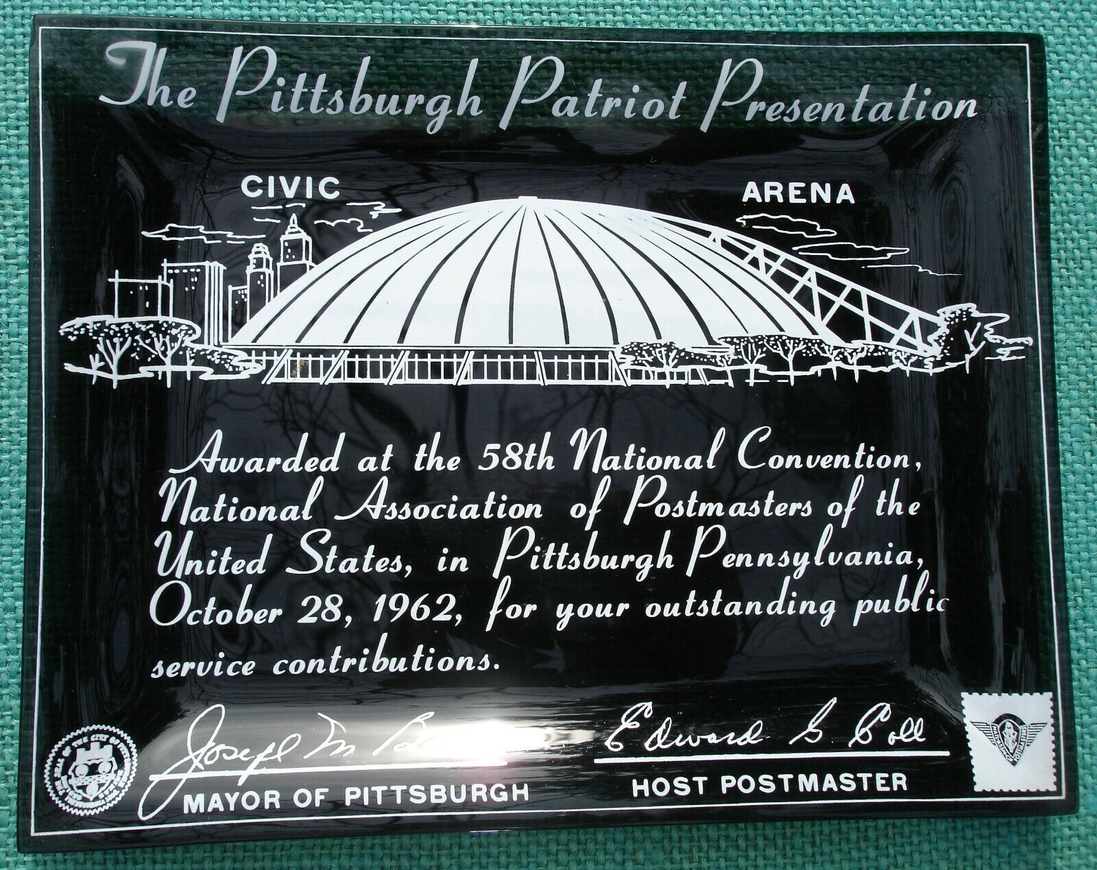 1962 Pittsburgh Patriot Presentation HOUZE ART Glass Tray CIVIC ARENA POSTMASTER
