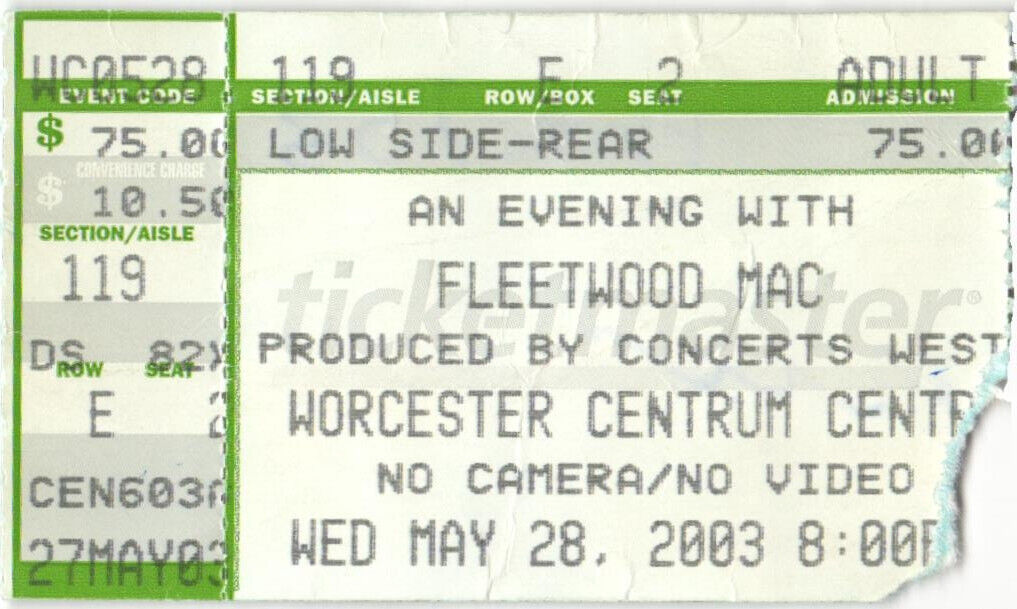 Vintage 2003 Fleetwood Mac Concert Ticket Stub Worcester MA Seat #2