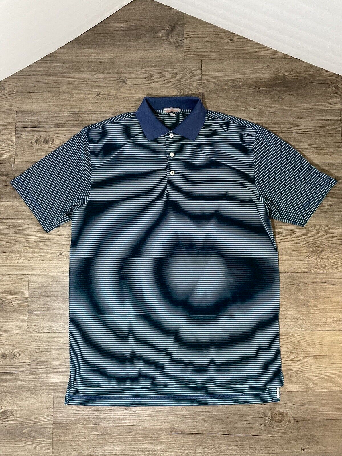 Peter Millar Summer Comfort Golf Polo SS Shirt Navy Green Stripe NC Embroid Sz M