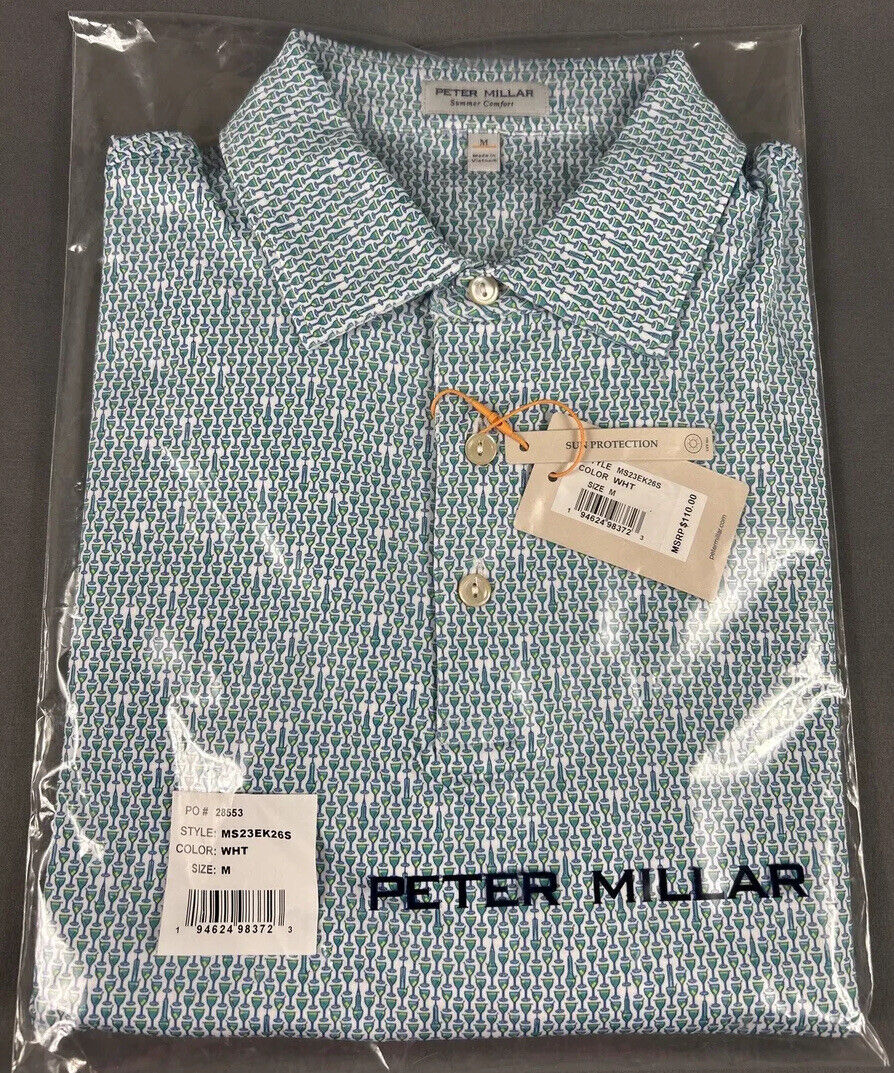 Peter Millar Golf Shirt Polo CS Summer Comfort Mans Manhattan Print Medium Green